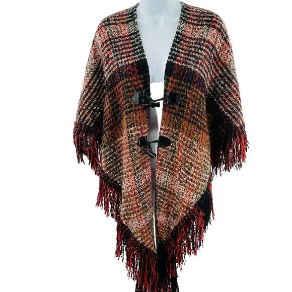 Coco + Carmen Brown Plaid Knit Fringe Poncho Shawl Sweater Casual Winter OS - Picture 2 of 8
